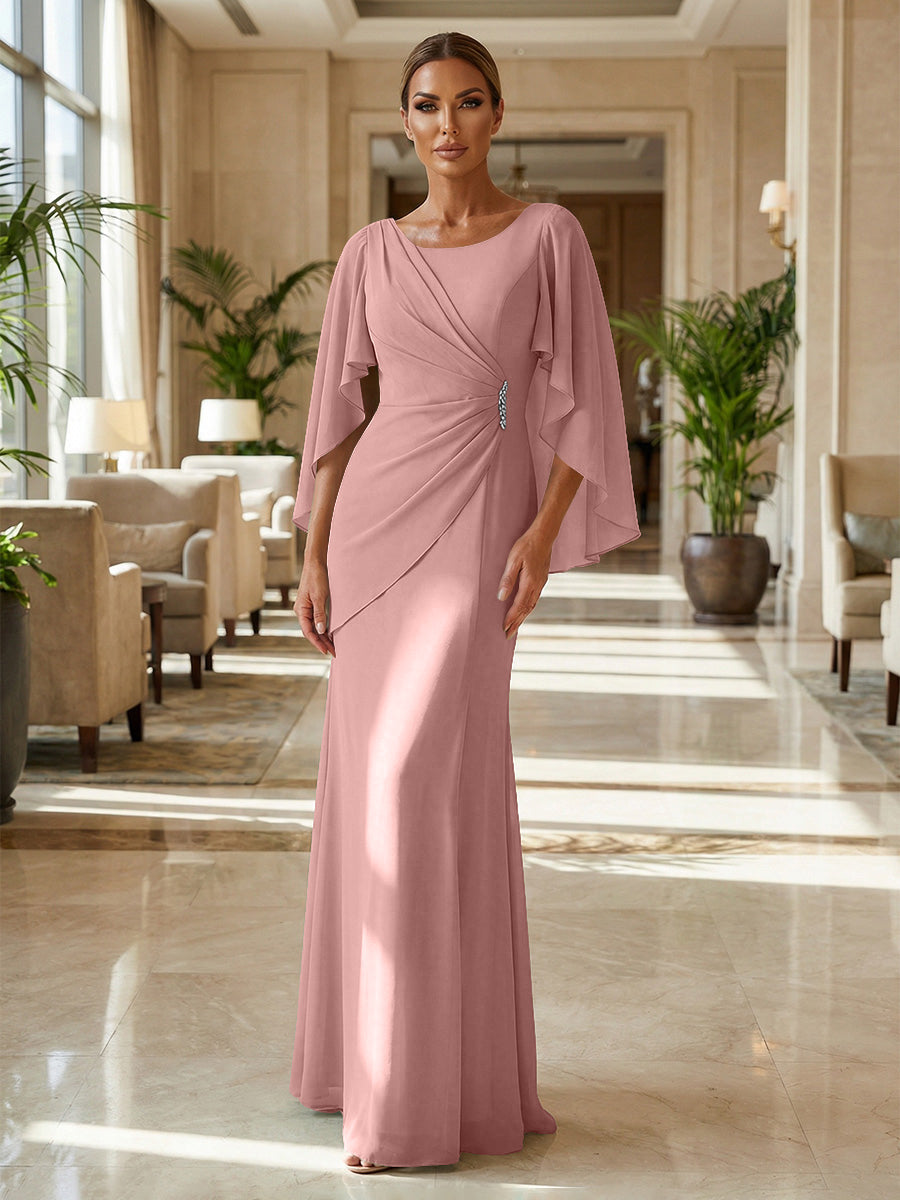 Sheath Chiffon Cape Sleeves Maxi Mother of the Bride & Groom Dresses with Ruched Waist (SHI22500727)