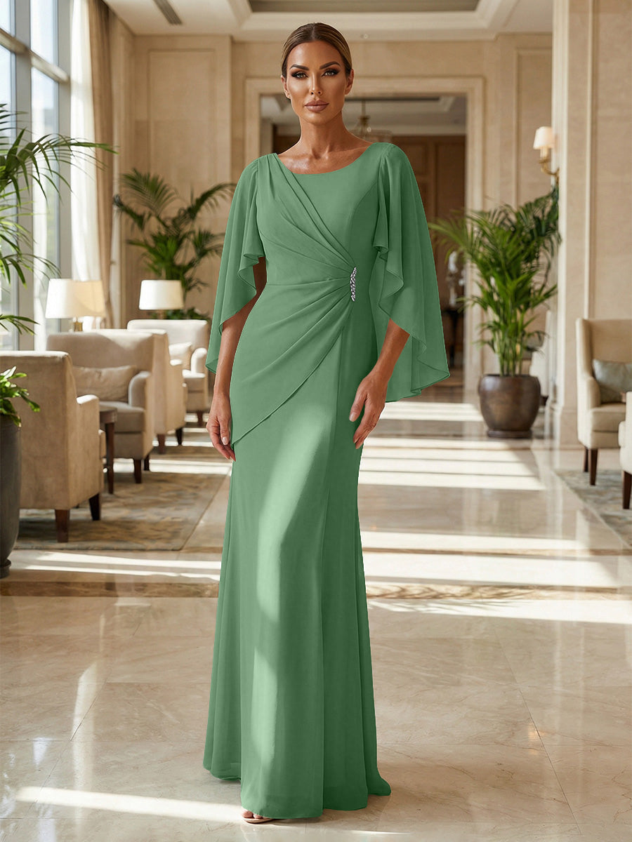 Sheath Chiffon Cape Sleeves Maxi Mother of the Bride & Groom Dresses with Ruched Waist (SHI22500727)
