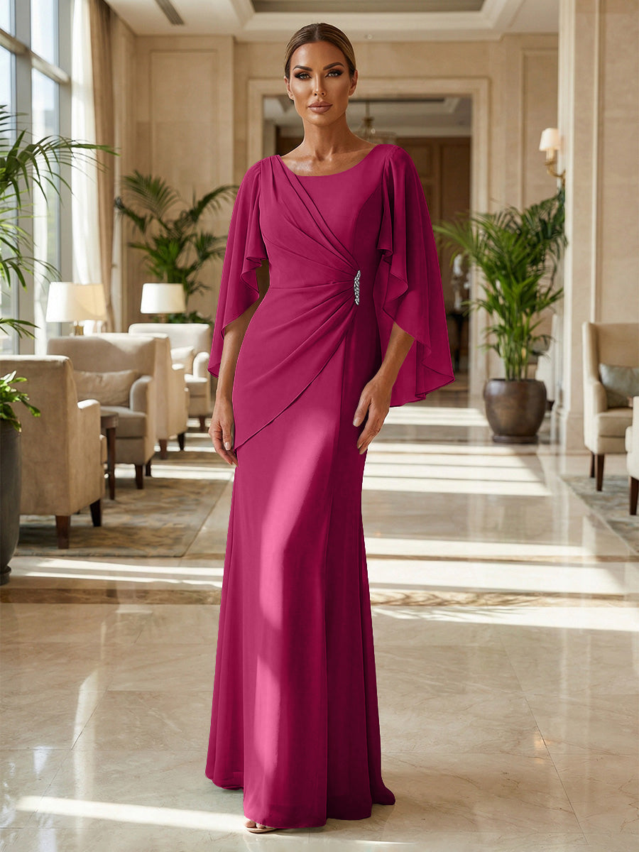 Sheath Chiffon Cape Sleeves Maxi Mother of the Bride & Groom Dresses with Ruched Waist (SHI22500727)