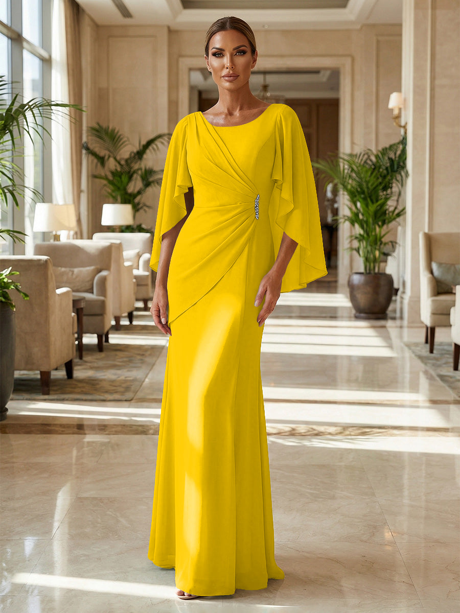 Sheath Chiffon Cape Sleeves Maxi Mother of the Bride & Groom Dresses with Ruched Waist (SHI22500727)