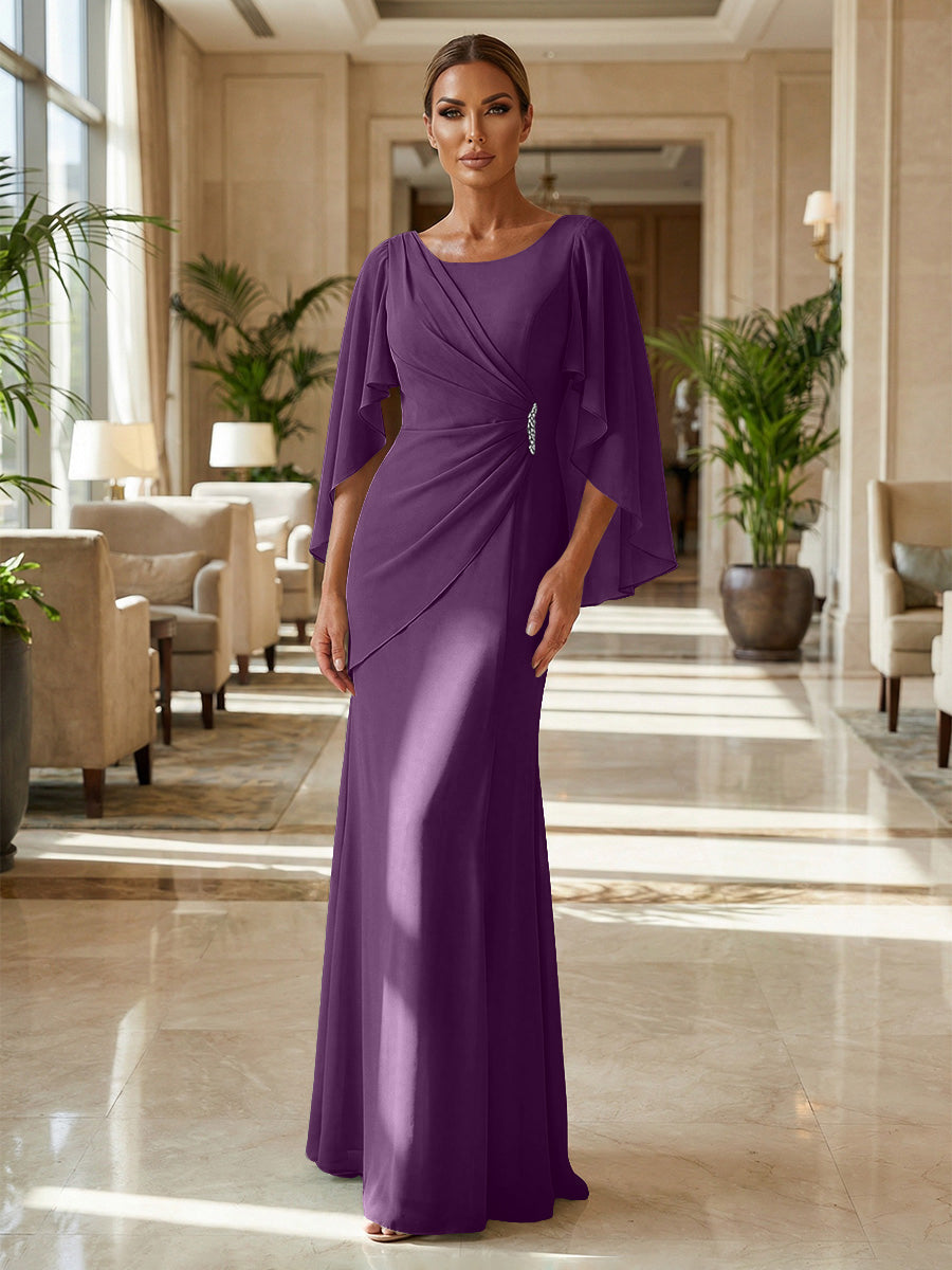 Sheath Chiffon Cape Sleeves Maxi Mother of the Bride & Groom Dresses with Ruched Waist (SHI22500727)