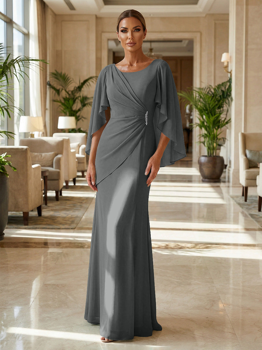 Sheath Chiffon Cape Sleeves Maxi Mother of the Bride & Groom Dresses with Ruched Waist (SHI22500727)