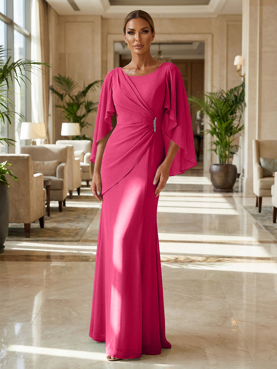 Sheath Chiffon Cape Sleeves Maxi Mother of the Bride & Groom Dresses with Ruched Waist (SHI22500727)