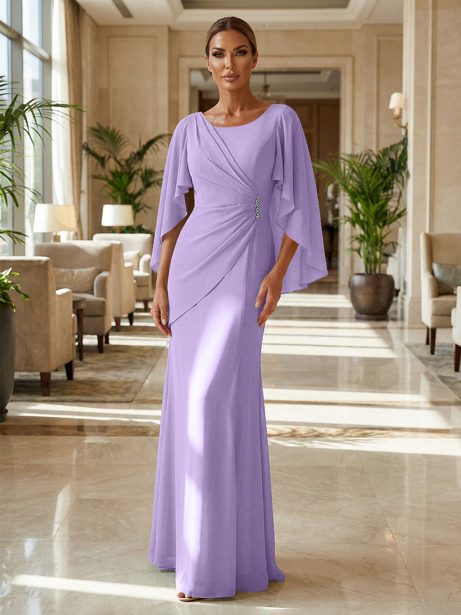 Sheath Chiffon Cape Sleeves Maxi Mother of the Bride & Groom Dresses with Ruched Waist (SHI22500727)