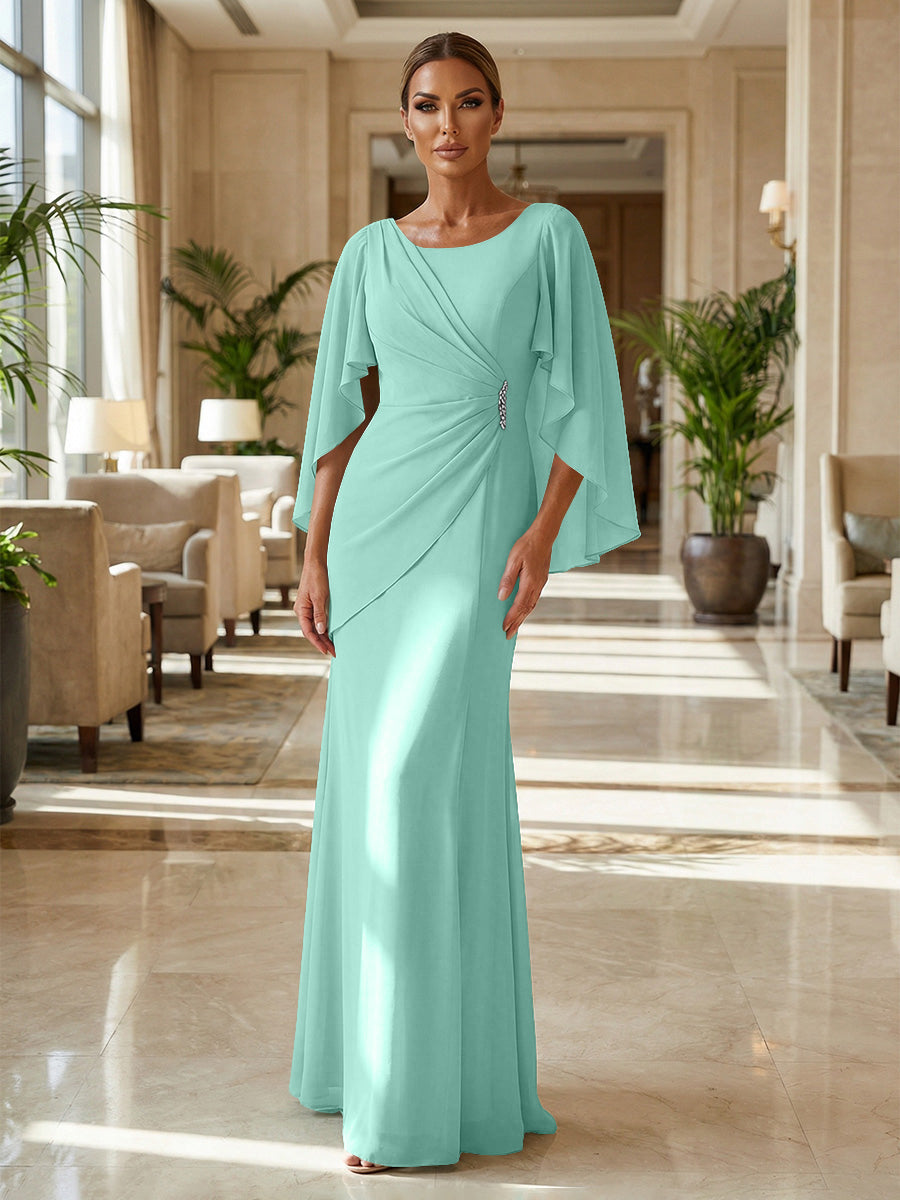 Sheath Chiffon Cape Sleeves Maxi Mother of the Bride & Groom Dresses with Ruched Waist (SHI22500727)