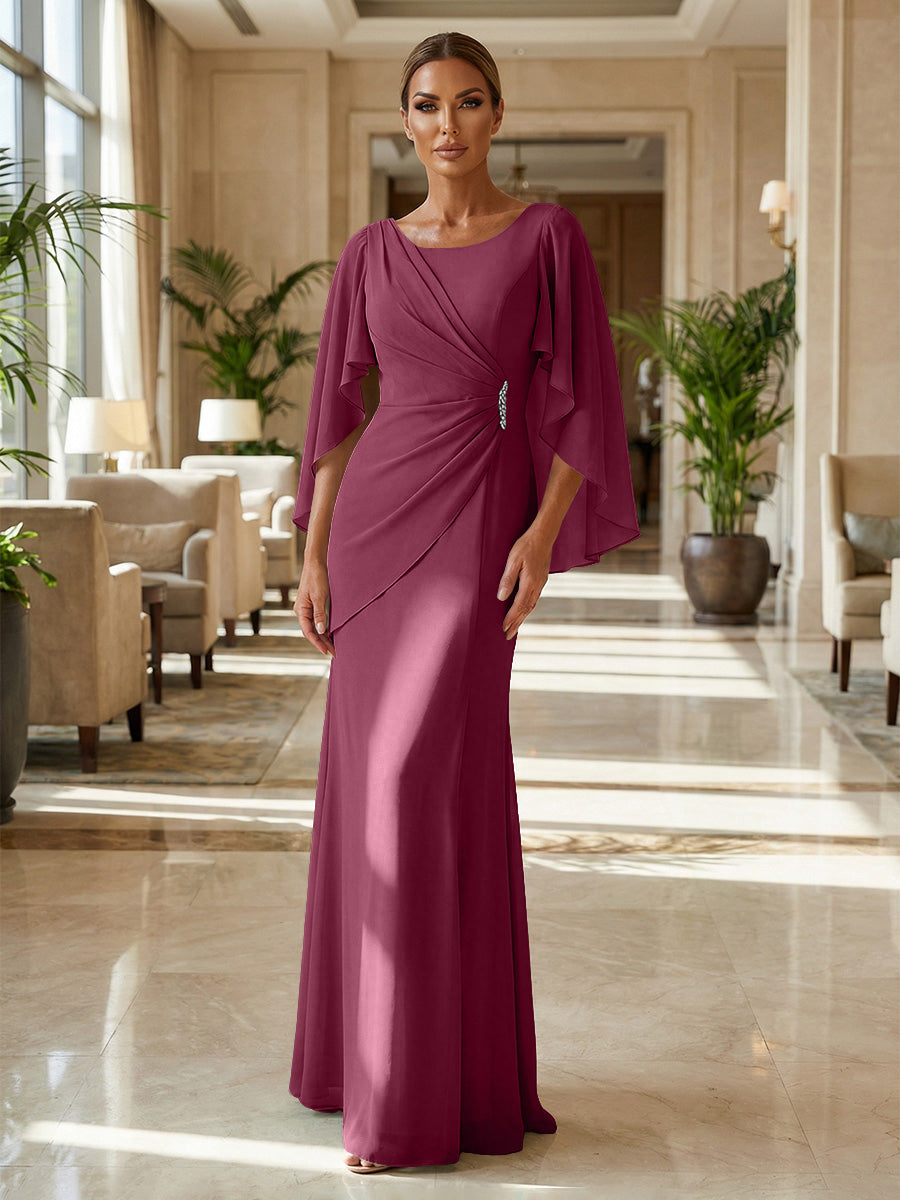 Sheath Chiffon Cape Sleeves Maxi Mother of the Bride & Groom Dresses with Ruched Waist (SHI22500727)