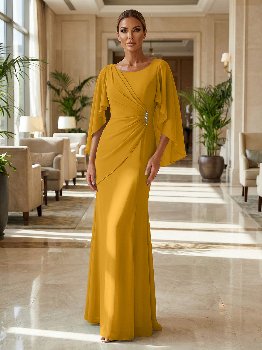 Sheath Chiffon Cape Sleeves Maxi Mother of the Bride & Groom Dresses with Ruched Waist (SHI22500727)