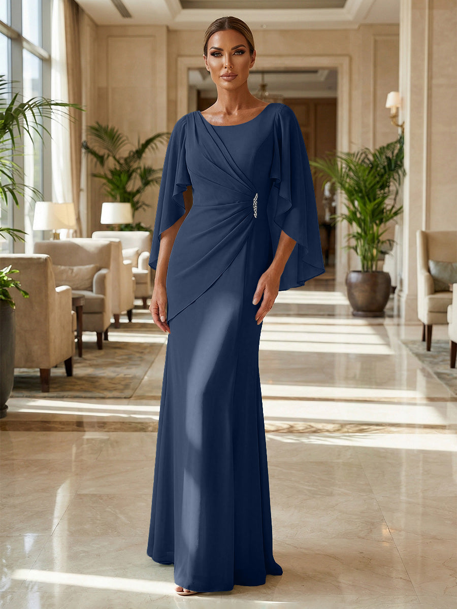 Sheath Chiffon Cape Sleeves Maxi Mother of the Bride & Groom Dresses with Ruched Waist (SHI22500727)