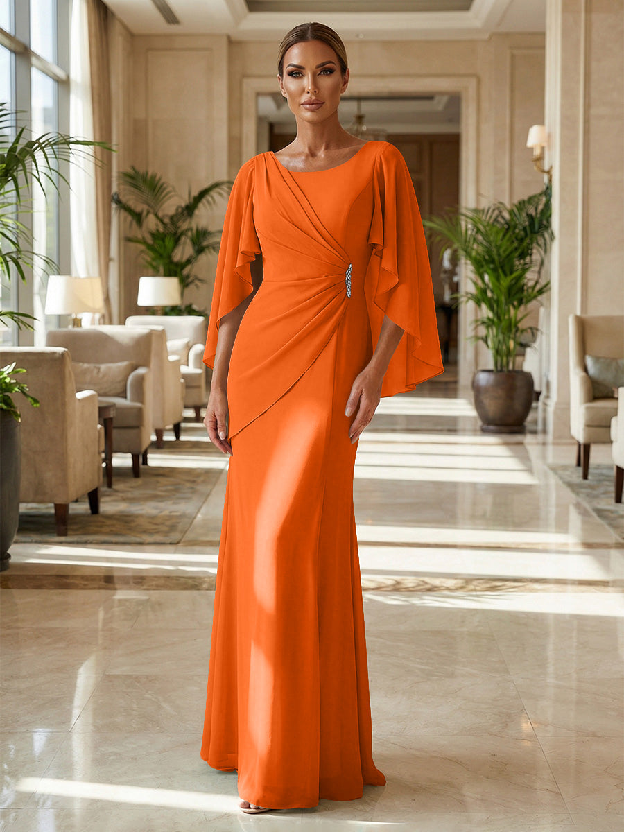 Sheath Chiffon Cape Sleeves Maxi Mother of the Bride & Groom Dresses with Ruched Waist (SHI22500727)