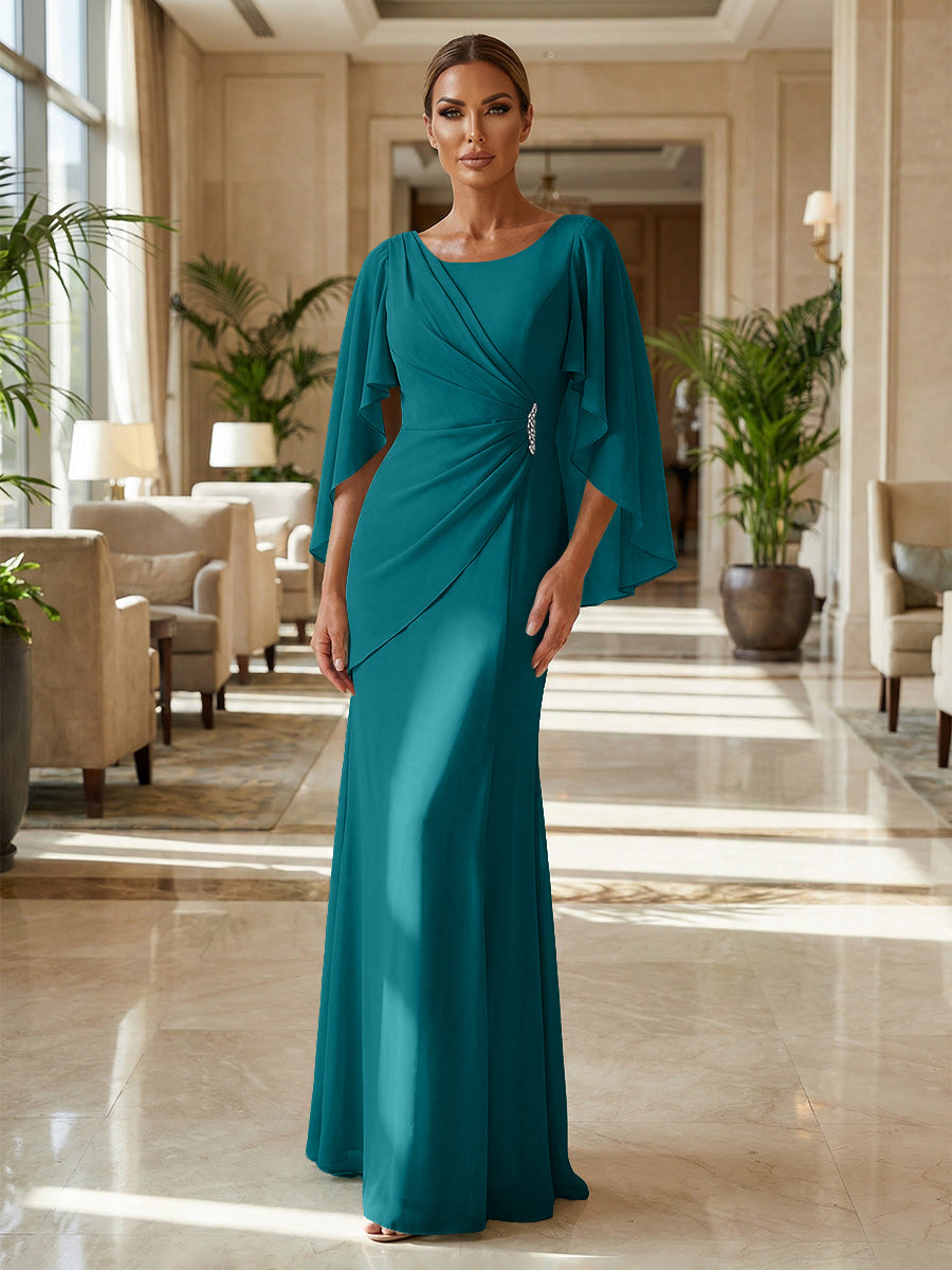 Sheath Chiffon Cape Sleeves Maxi Mother of the Bride & Groom Dresses with Ruched Waist (SHI22500727)