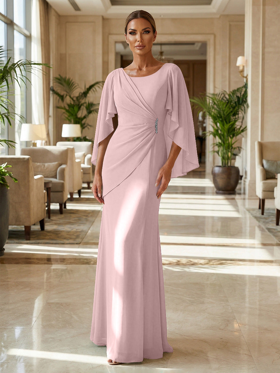 Sheath Chiffon Cape Sleeves Maxi Mother of the Bride & Groom Dresses with Ruched Waist (SHI22500727)