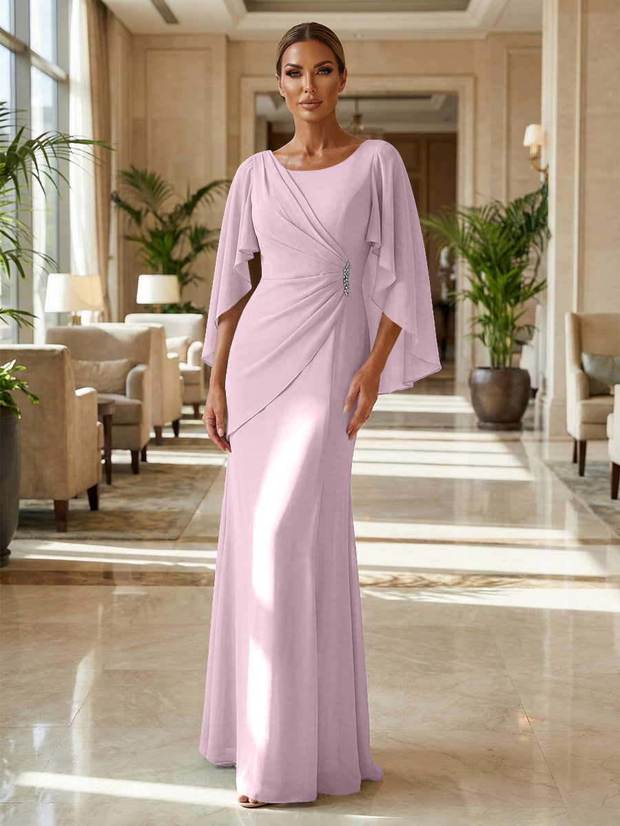 Sheath Chiffon Cape Sleeves Maxi Mother of the Bride & Groom Dresses with Ruched Waist (SHI22500727)
