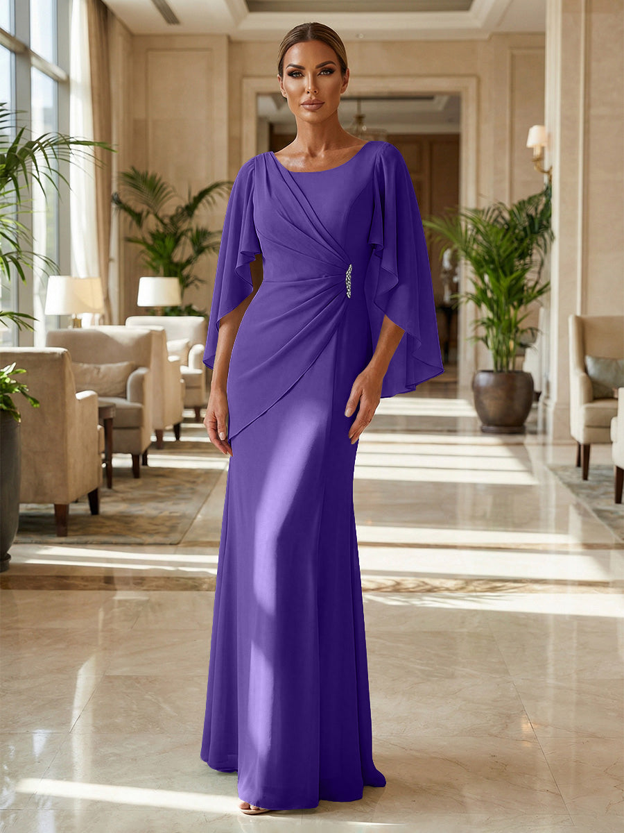 Sheath Chiffon Cape Sleeves Maxi Mother of the Bride & Groom Dresses with Ruched Waist (SHI22500727)