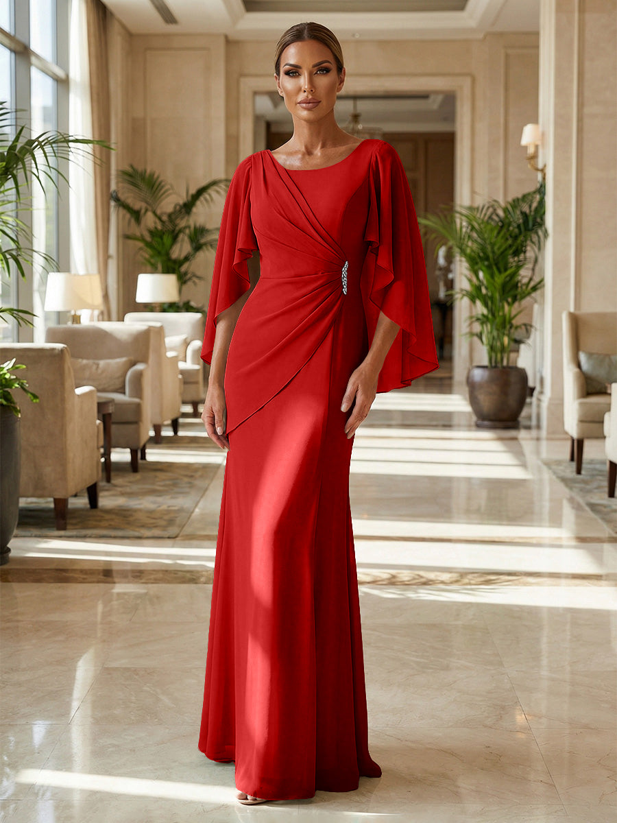 Sheath Chiffon Cape Sleeves Maxi Mother of the Bride & Groom Dresses with Ruched Waist (SHI22500727)