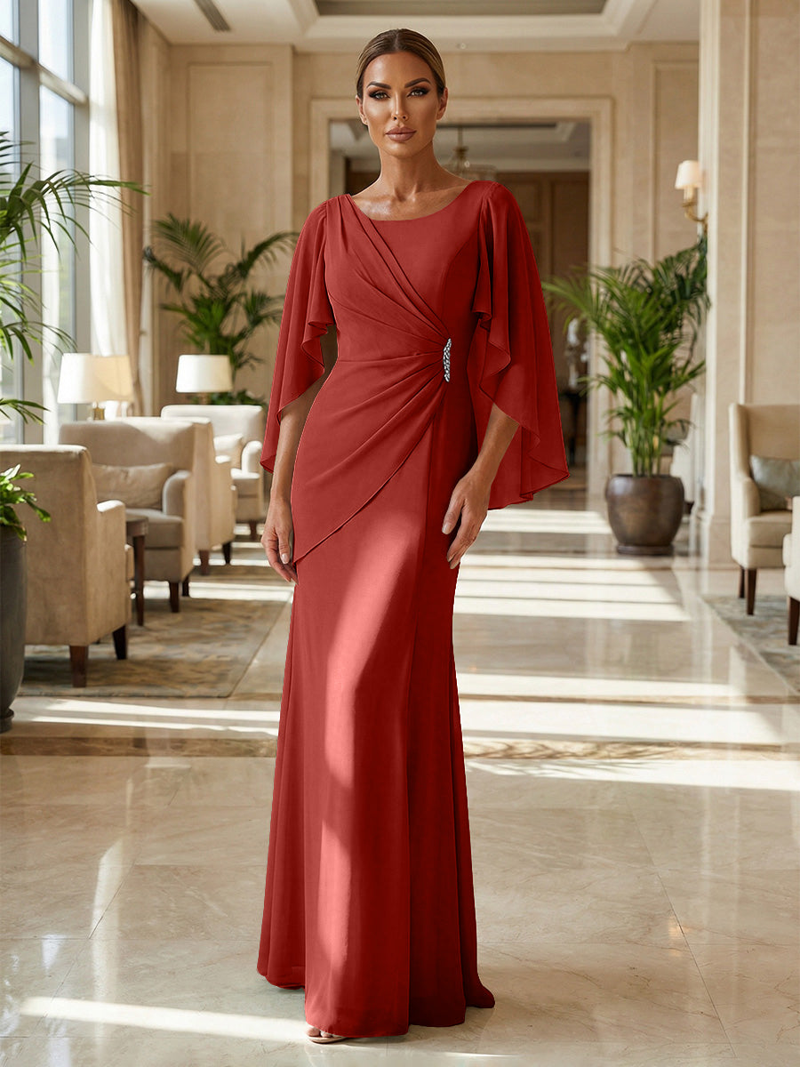 Sheath Chiffon Cape Sleeves Maxi Mother of the Bride & Groom Dresses with Ruched Waist (SHI22500727)