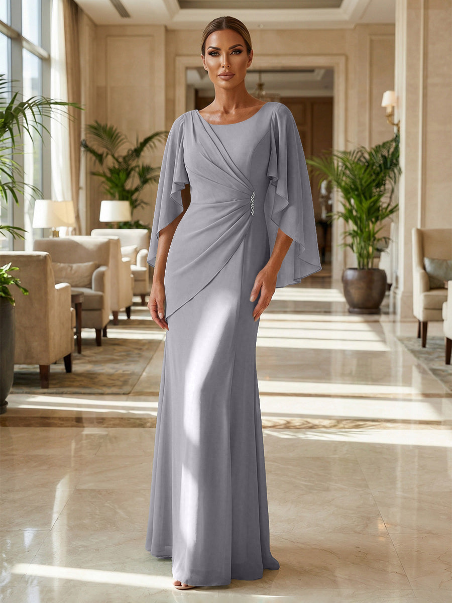 Sheath Chiffon Cape Sleeves Maxi Mother of the Bride & Groom Dresses with Ruched Waist (SHI22500727)