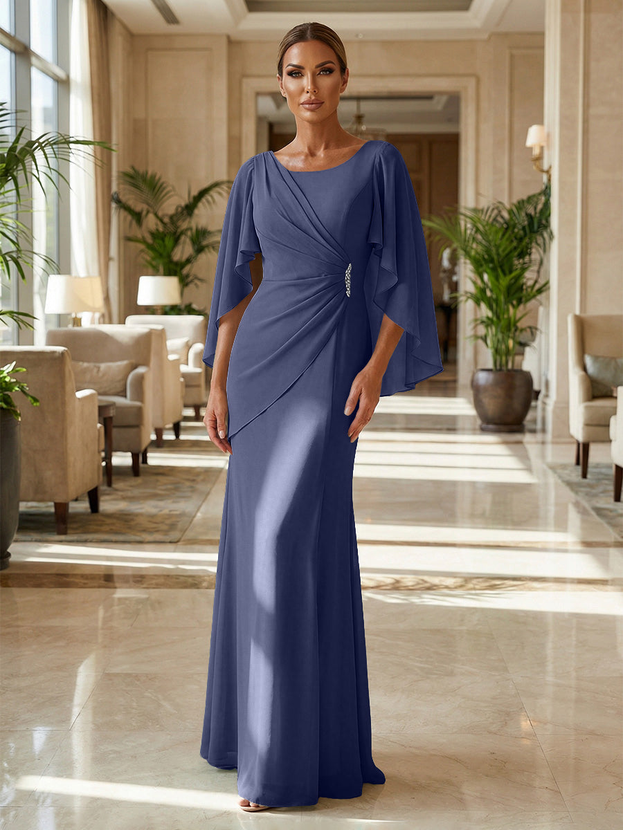 Sheath Chiffon Cape Sleeves Maxi Mother of the Bride & Groom Dresses with Ruched Waist (SHI22500727)