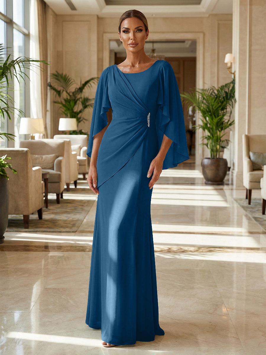 Sheath Chiffon Cape Sleeves Maxi Mother of the Bride & Groom Dresses with Ruched Waist (SHI22500727)