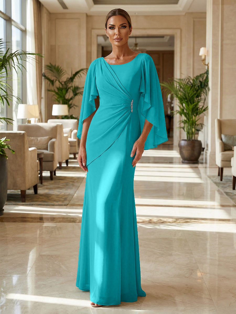 Sheath Chiffon Cape Sleeves Maxi Mother of the Bride & Groom Dresses with Ruched Waist (SHI22500727)
