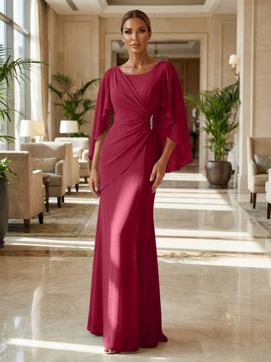 Sheath Chiffon Cape Sleeves Maxi Mother of the Bride & Groom Dresses with Ruched Waist (SHI22500727)