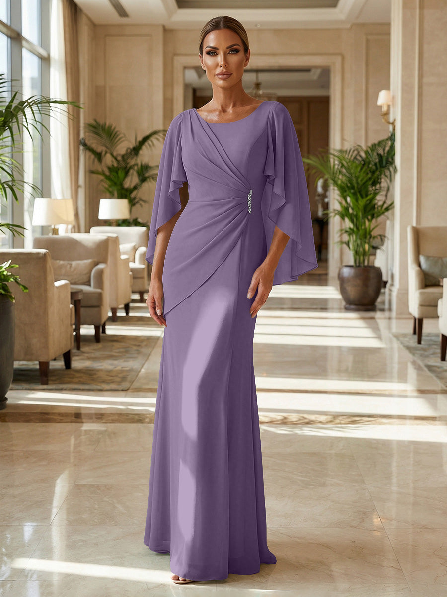 Sheath Chiffon Cape Sleeves Maxi Mother of the Bride & Groom Dresses with Ruched Waist (SHI22500727)