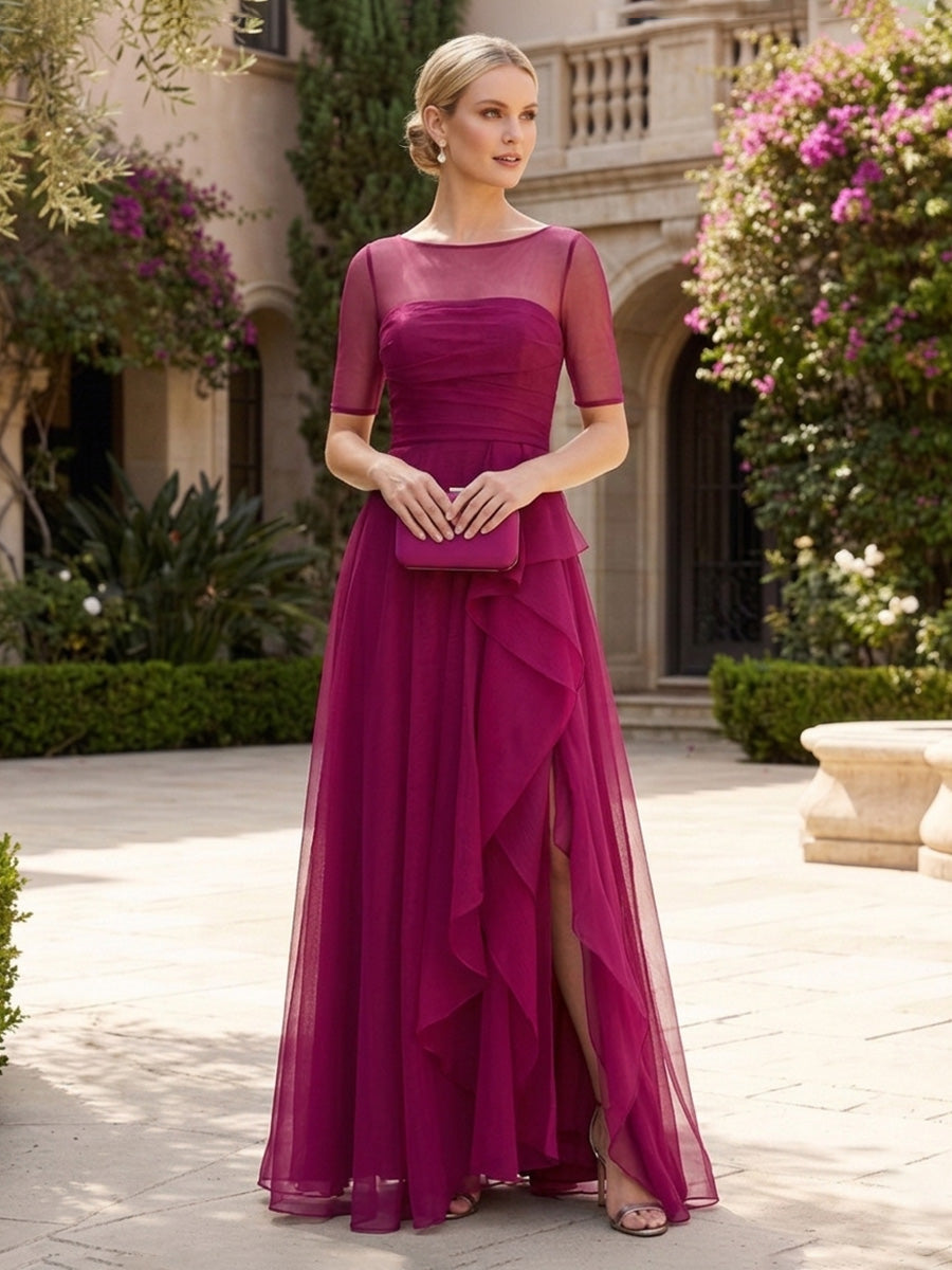 Cape Sleeve Jacquard Satin Ruched Mother of the Bride Dresses (SHI22500526)