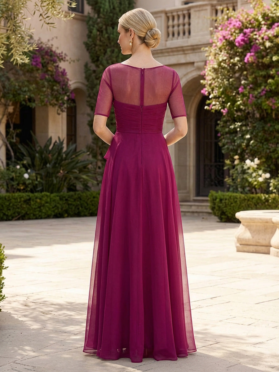 Cape Sleeve Jacquard Satin Ruched Mother of the Bride Dresses (SHI22500526)