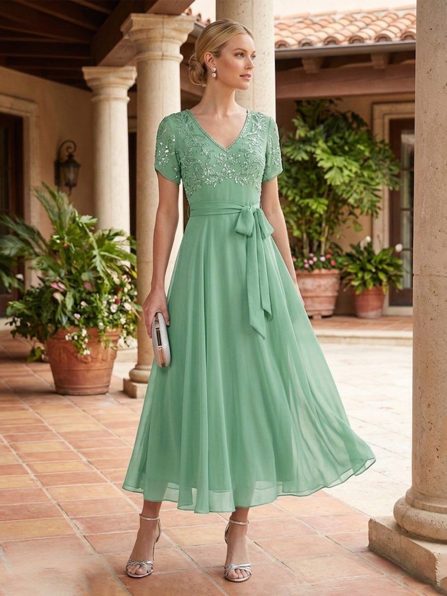 Satin A Line 3/4 Sleeve Floor Length Mother of the Bride Dresses with Flower (SHI22500168)