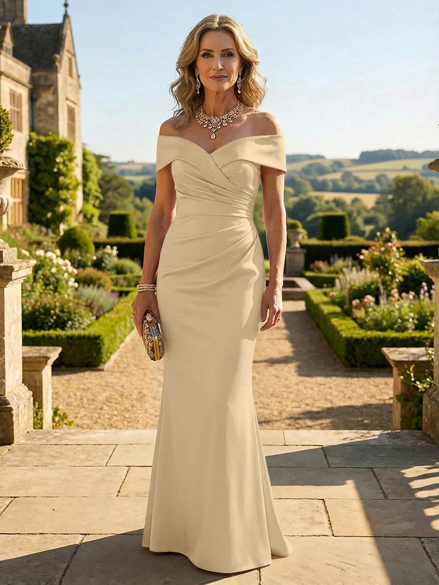 Sheath Silk Off Shoulder Ruched Maxi Mother of the Bride & Groom Dresses (SHI22500808)