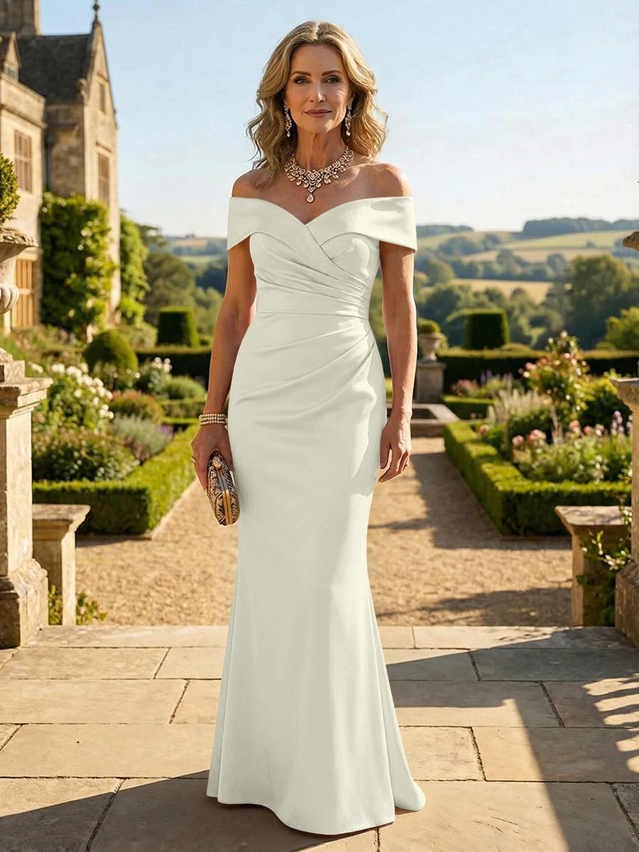 Sheath Silk Off Shoulder Ruched Maxi Mother of the Bride & Groom Dresses (SHI22500808)