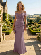 Sheath Silk Off Shoulder Ruched Maxi Mother of the Bride & Groom Dresses (SHI22500808)