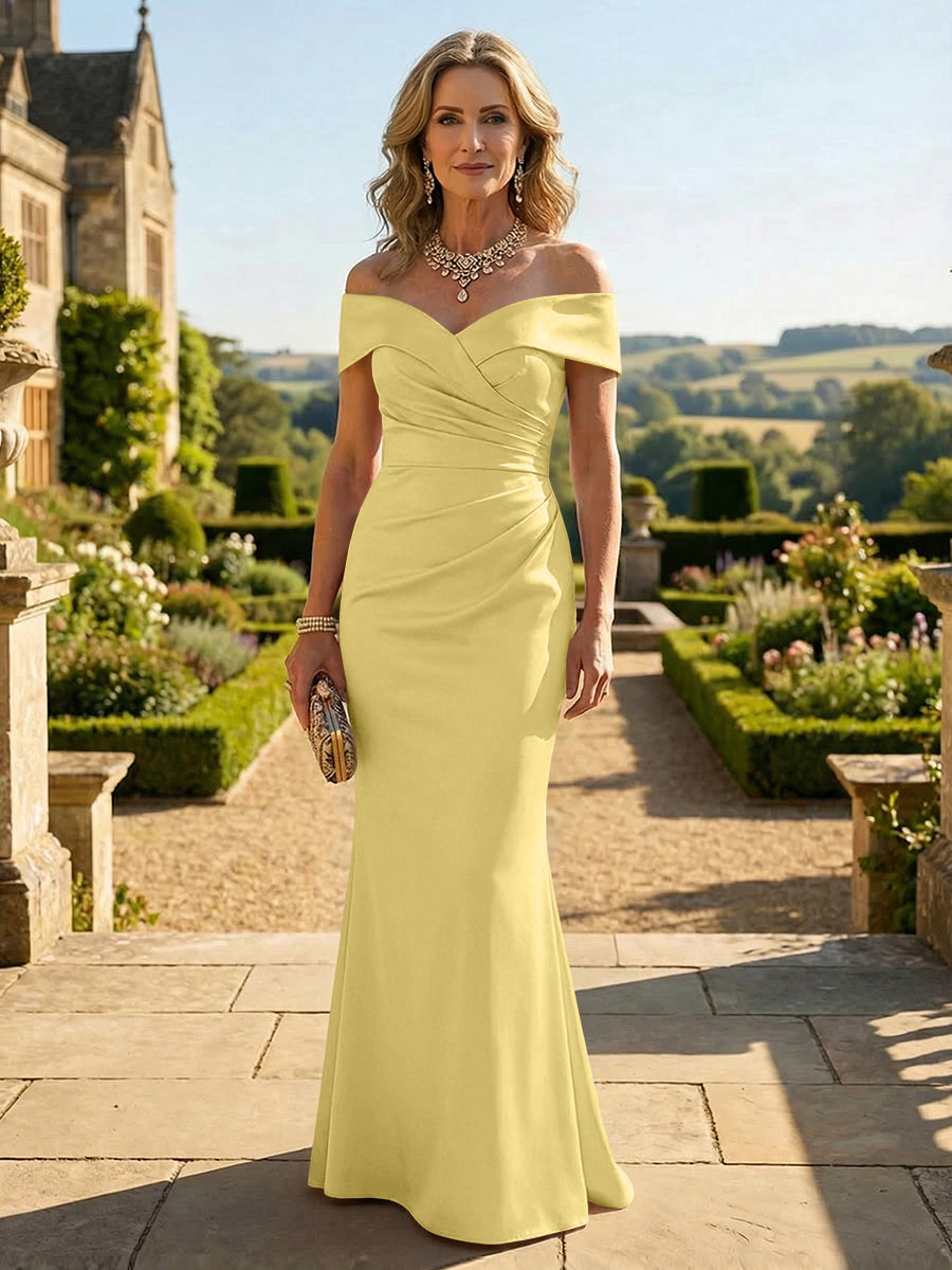 Sheath Silk Off Shoulder Ruched Maxi Mother of the Bride & Groom Dresses (SHI22500808)