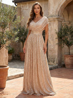 Sequin Floral A-Line/Princess V-Neck Floor-Length Mother of the Bride & Groom Dresses with 3D Flowers & Pleats (SHI22501348)