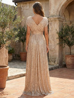 Sequin Floral Sheath/Column V-Neck Floor-Length Mother of the Bride & Groom Dresses with Ruched Waist (SHI22500972)