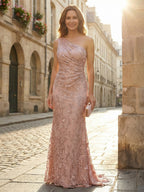 Lace Sheath/Column One Shoulder Floor-Length Mother of the Bride & Groom Dresses with Ruched Waist (SHI22500892)
