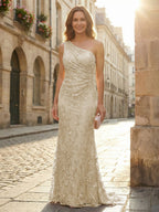 Lace Sheath/Column One Shoulder Floor-Length Mother of the Bride & Groom Dresses with Ruched Waist (SHI22500892)