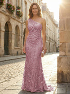 Lace Sheath/Column One Shoulder Floor-Length Mother of the Bride & Groom Dresses with Ruched Waist (SHI22500892)