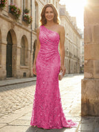 Lace Sheath/Column One Shoulder Floor-Length Mother of the Bride & Groom Dresses with Ruched Waist (SHI22500892)