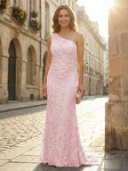 Lace Sheath/Column One Shoulder Floor-Length Mother of the Bride & Groom Dresses with Ruched Waist (SHI22500892)