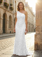 Lace Sheath/Column One Shoulder Floor-Length Mother of the Bride & Groom Dresses with Ruched Waist (SHI22500892)