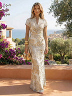 Jacquard Sheath/Column V-Neck Floor-Length Mother of the Bride & Groom Dresses with Ruched Waist (SHIB22500907)