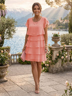 Chiffon A-Line/Princess Scoop Neck Short Mother of the Bride & Groom Dresses Tiered (SHI22500912)