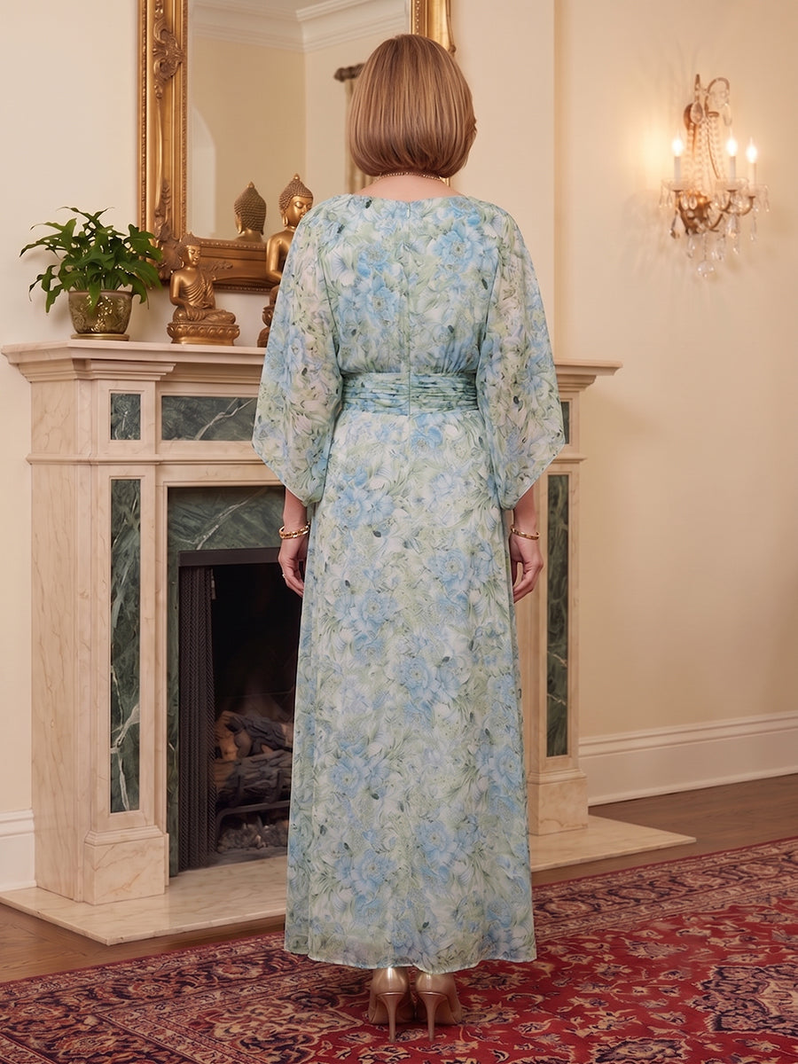 Floral Print A-Line/Princess Scoop Neck Floor-Length Mother of the Bride & Groom Dresses with Ruched Waist (SHI22500936)