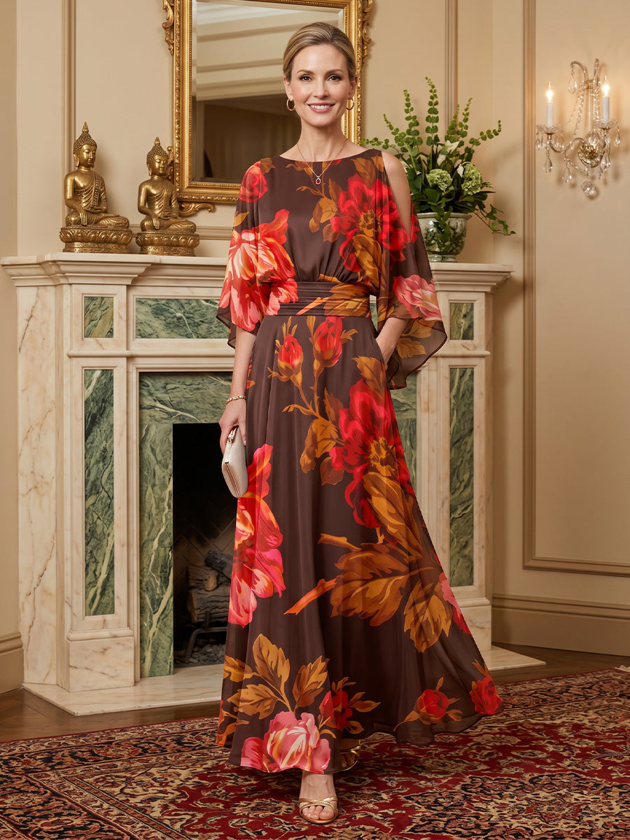 Floral Print A-Line/Princess Scoop Neck Floor-Length Mother of the Bride & Groom Dresses with Ruched Waist (SHI22500936)