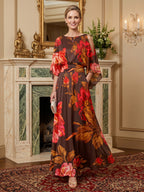 Floral Print A-Line/Princess Scoop Neck Tea-Length Mother of the Bride & Groom Dresses with Tiered Layers & Ruched Waist (SHI22501120)