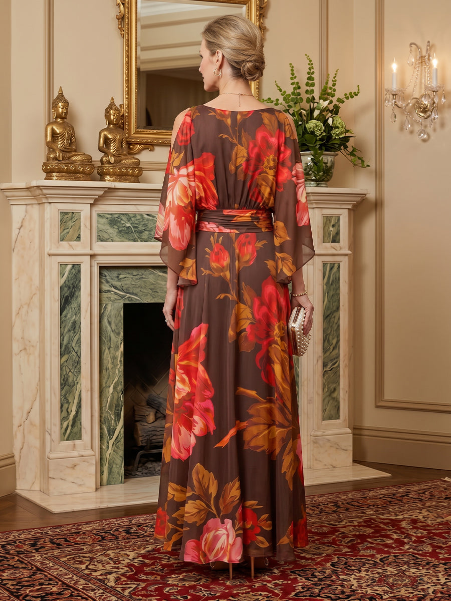 Floral Print A-Line/Princess Scoop Neck Tea-Length Mother of the Bride & Groom Dresses with Tiered Layers & Ruched Waist (SHI22501120)