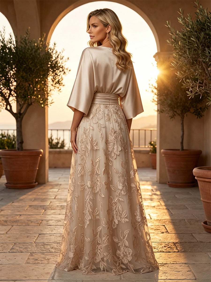 Sheath/Column Lace Appliques Maxi Mother of the Bride & Groom Dresses with Ruched Waist & Satin Bodice (SHI22501596)