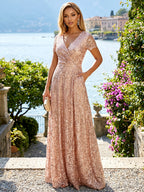 Sequin Floral A-Line/Princess V-Neck Floor-Length Mother of the Bride & Groom Dresses with 3D Flowers & Pleats (SHI22501348)