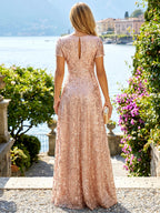 Sequin A-Line/Princess V-Neck Floor-Length Mother of the Bride & Groom Dresses with Ruched Waist (SHI22500858)