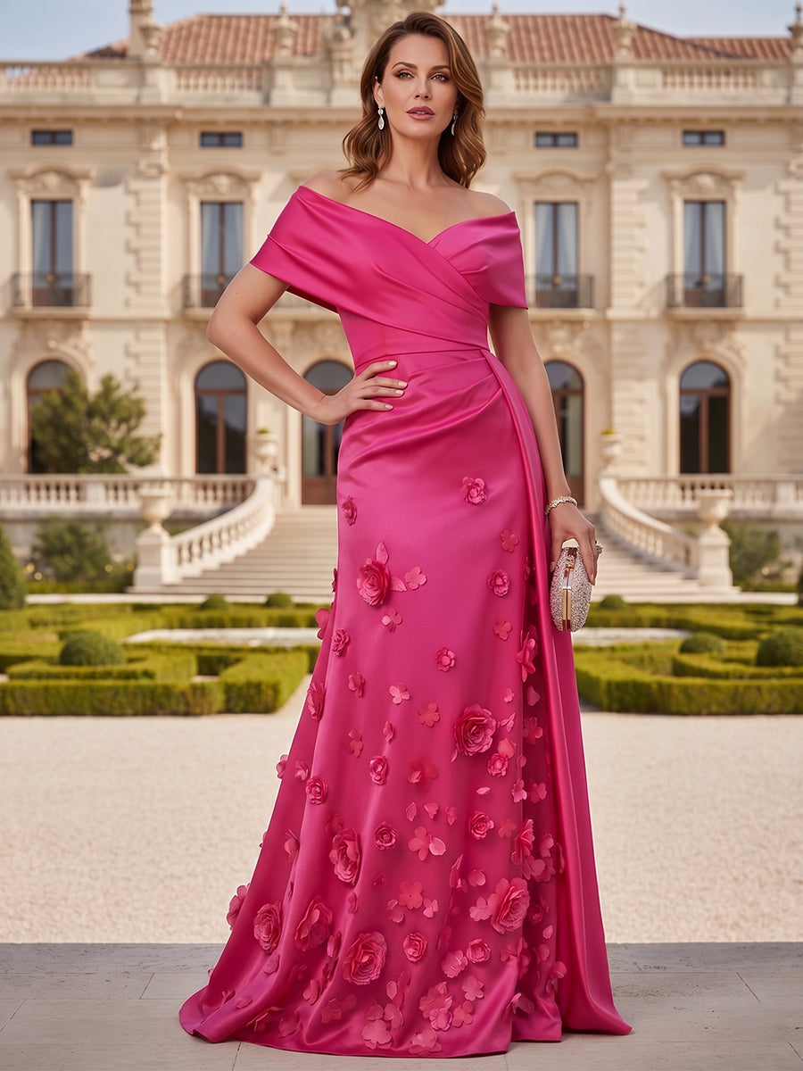 Tulle A-Line/Princess V-Neck Floor-Length Mother of the Bride & Groom Dresses with 3D Flowers (SHI22501351)